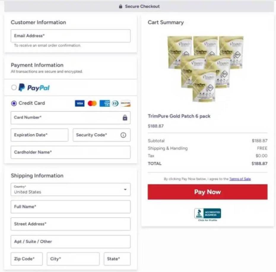 TrimPure Gold Patch online purchase page emphasizing safe payment and risk-free guarantee